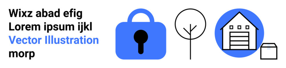 Lock icon, tree, house, and small building. Ideal for real estate, property security, home insurance, environmental planning, urban development, architectural design, and property management. Banner