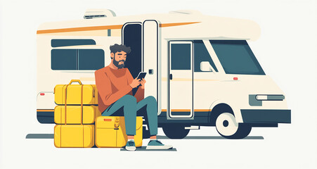 A man relaxes by his RV while checking his phone surrounded by yellow luggage on a bright day