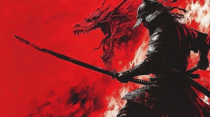 A fearless samurai knight battles a fierce dragon with a katana amidst swirling winds in an ancient Japanese landscape