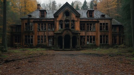 An abandoned, decaying mansion in the woods with broken windows and an overgrown yard.