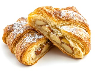 Golden Flaky Croissant with Gooey Almond Paste Filling and Powdered Sugar on White Background