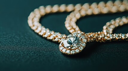 A close-up of an elegant gold necklace featuring a detailed pendant adorned with sparkling diamonds against a dark background.