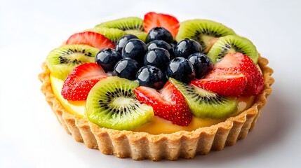 Beautifully Crafted Fruit Tart with Buttery Crust and Vibrant Toppings on White Background