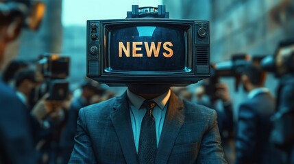 A man dressed in a suit stands with his arms crossed, featuring a television where his head should be, symbolizing the influence of news media on perception.