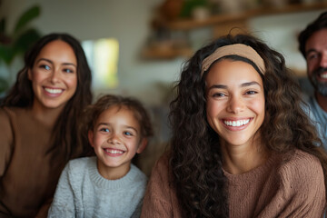 Obraz premium Happy Mother and Daughters Smiling Together Indoors, Celebrating Family Bond and Joyful Moments