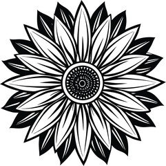  Intricate Sunflower Mandala Design – Bold Black and White Floral Illustration