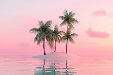 Obraz premium Serene island with palm trees reflecting in calm waters under a pastel sky, perfect for tropical relaxation and vacation themes.
