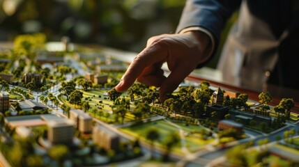A man is pointing at a model of a city