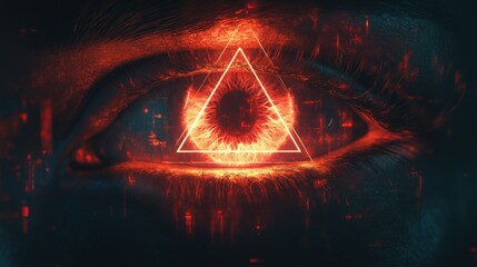 Neon all-seeing eye within a pyramid glowing against a dark background creates an intriguing and mysterious visual effect at night