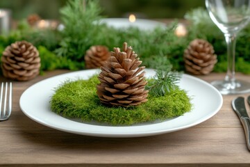 Rustic Forest Wedding Table Setting with Pinecone and Moss Centerpiece, Earthy Elegance for a Natural Wedding