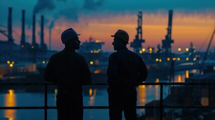 Two men are standing on a railing overlooking a city