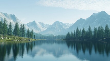 Serene Lake Surrounded by Majestic Mountains and Trees