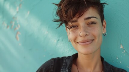 A woman with a nose ring and earrings is smiling at the camera
