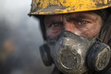 Fototapeta premium A close-up of a worker wearing a yellow helmet and gas mask, his face smudged with dirt, conveying determination amid tough conditions in a smoky environment.