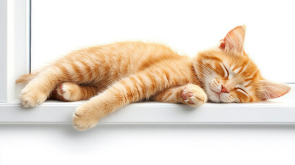 cute orange tabby cat peacefully snoozing on bright windowsill, enjoying warm sunlight. This serene scene captures essence of relaxation and comfort