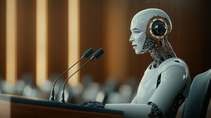humanoid robot at podium, emphasizing significance of technology in society. scene captures futuristic setting with advanced robotics