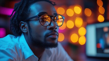 A young man with dreadlocks and glasses is looking intently at something off-camera. There are warm lights in the background.