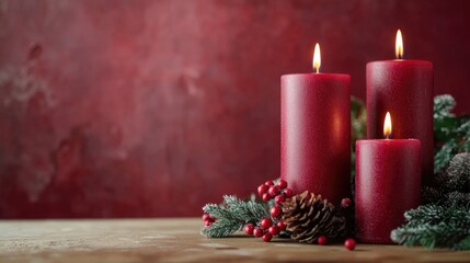 Beautiful Christmas candles stand on the table on the left with copy space for text on the right. X-mas decor on a red background with holidays green tree and red berry