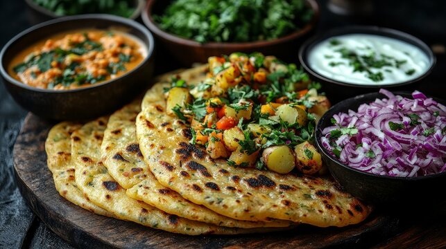 a plate of tasty parantha with onions and veges