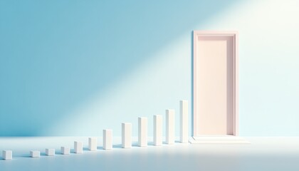 A conceptual image of a white door illuminated by soft light, leading to opportunities, with white pillars creating a path. Ideal for themes of success and new beginnings.