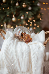 Christmas cozy home decor. Light, Christmas tree. Winter holidays.
