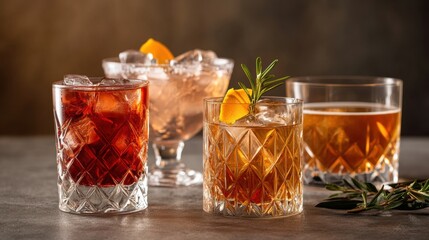 Assortment of cocktails in crystal glasses with garnishes on a bar counter