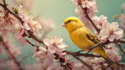 Obraz premium Detailed macro of a yellow canary resting on a flower-laden branch showcasing the vivid colors and the freshness of spring in a tranquil setting