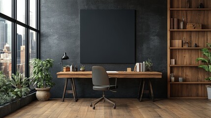 a mockup frame in the modern study room with plants