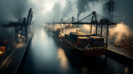 Cargo Ship at the Docks in Foggy Dawn - Realistic Image