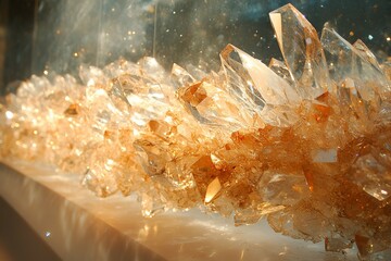 A glimmering arrangement of crystals showcases their intricate shapes and warm hues, reflecting light in a stunning display.