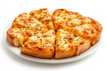 Plate of Cheesy Garlic Bread Slices - Warm, Buttery Garlic Bread with Melted Cheese on White Background