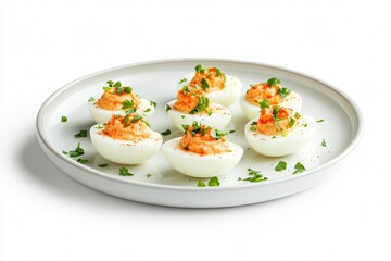 Plate of Classic Deviled Eggs, Isolated on White Background