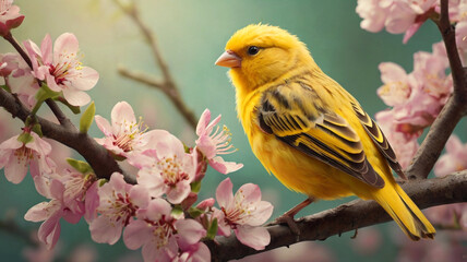 Fototapeta premium Detailed macro of a yellow canary sitting among vibrant blossoms evoking a sense of joy and renewal in the beauty of nature