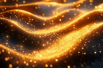Naklejka premium A mesmerizing display of golden, shimmering waves with sparkling textures, creating a captivating visual ambiance of light and flow.