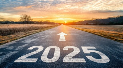 Long, open road marked with  and a forward arrow, leading into a dramatic sunset sky, symbolizing fresh goals and new beginnings