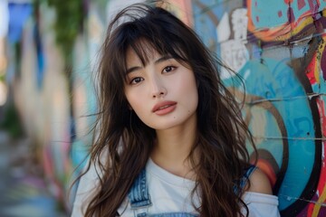 Obraz premium Exuding cool confidence, a young woman with black hair in denim overalls stands boldly against a graffiti covered wall, matching the urban, artistic setting.