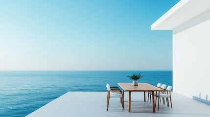 Fototapeta premium Minimalist dining table with matte marble top, rustic teak frame, airy seaside vibe