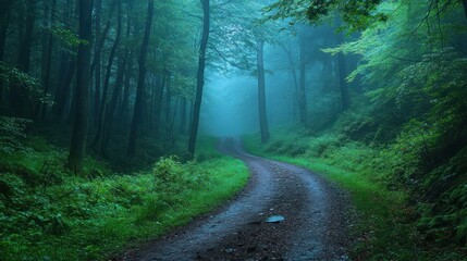 Fototapeta premium A winding dirt road leads through a dense forest shrouded in mist, creating a mysterious and ethereal atmosphere.