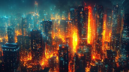 A dynamic image of towering skyscrapers engulfed in vibrant orange and yellow hues, evoking a sense of energy and intensity in a futuristic urban setting.