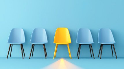 Standout Yellow Chair in Row of Blue Chairs – Business Concept