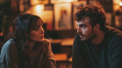 Man and woman sitting and having a conversation in a cozy cafe environment