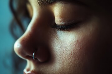 Close-Up of Nose Ring: A detailed shot of a person with a small silver nose hoop, focusing on the nose area. The skin is clear, and the background is softly blurred to bring out the piercing.