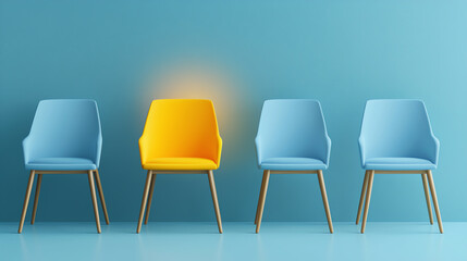 Standout Yellow Chair in Row of Blue Chairs – Business Concept