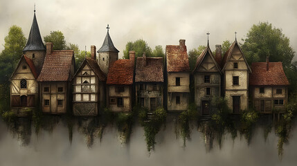 Obraz premium Medieval Village Illustration - A Row of Quaint Houses on a Cliff