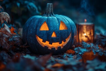 Fototapeta premium a halloween pumpkin with spooky face in the forest