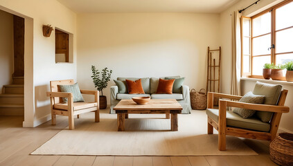 A cozy rustic living room with a minimalist design, featuring natural wood furniture and earthy tones. The room offers plenty of space for customization with its simple yet elegant layout.