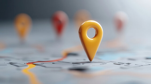 vibrant yellow 3D map marker stands out against blurred background of other markers, symbolizing navigation and location. This captures essence of mapping technology and travel