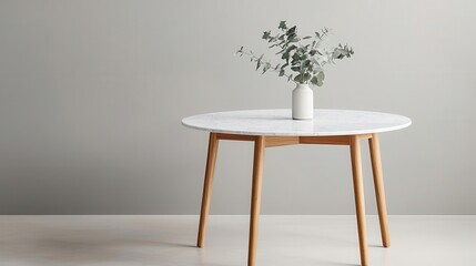 Teakbased round marble dining table, Scandinavian room, airy feel, neutral tones