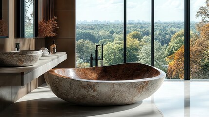 Fototapeta premium luxury bathroom interior featuring a stylish sink integrated with a panoramic window that frames a breathtaking view creating an elegant atmosphere with modern decor and thoughtful design elements