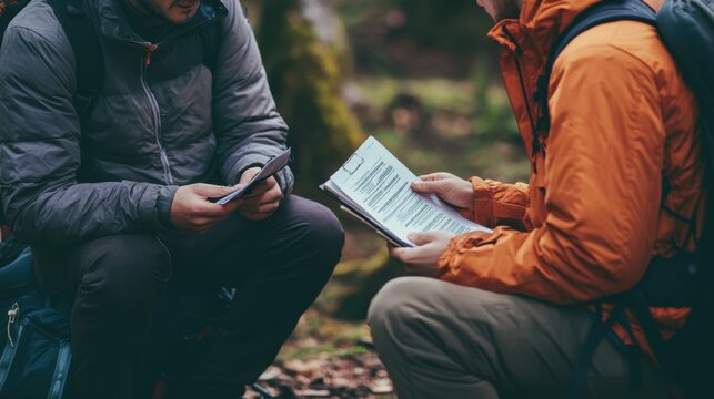 Two hikers sitting in the forest examining papers and documents